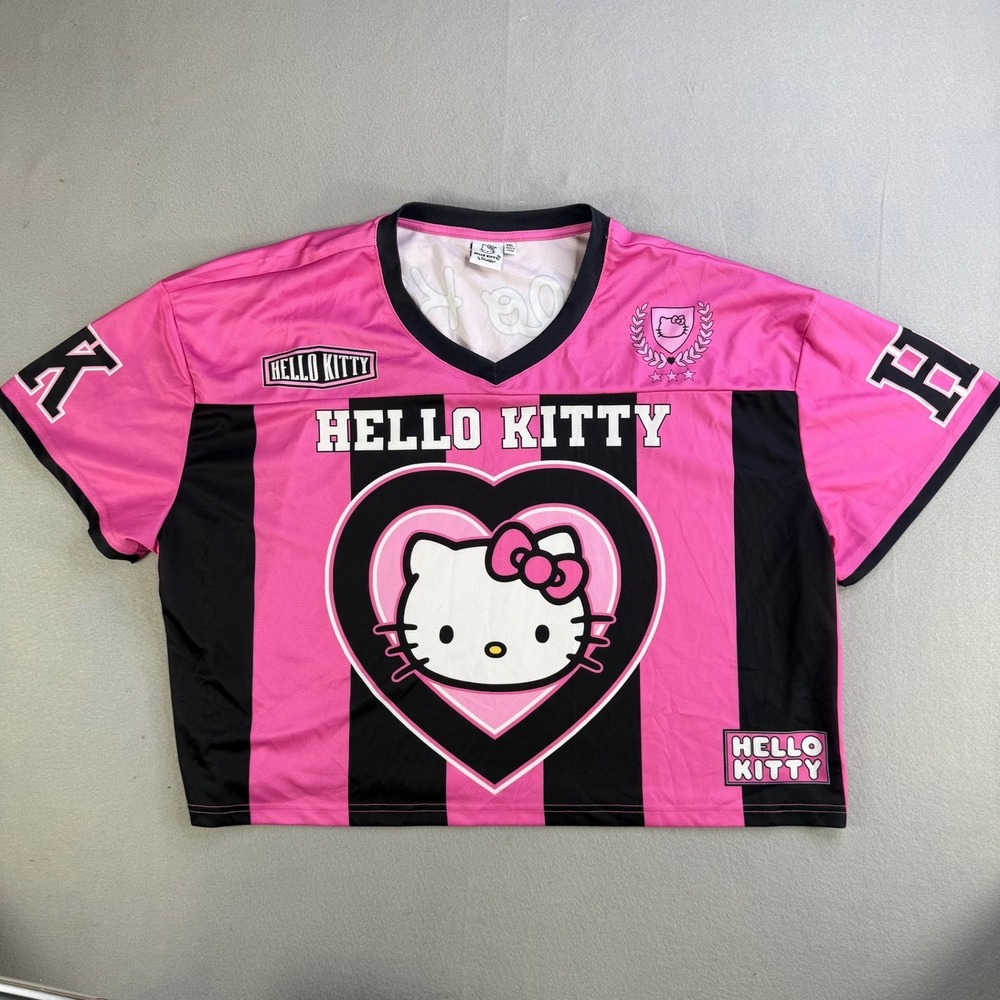 Hello Kitty Pink Black Striped Crop Jersey T-Shirt XXL Made in China‎
